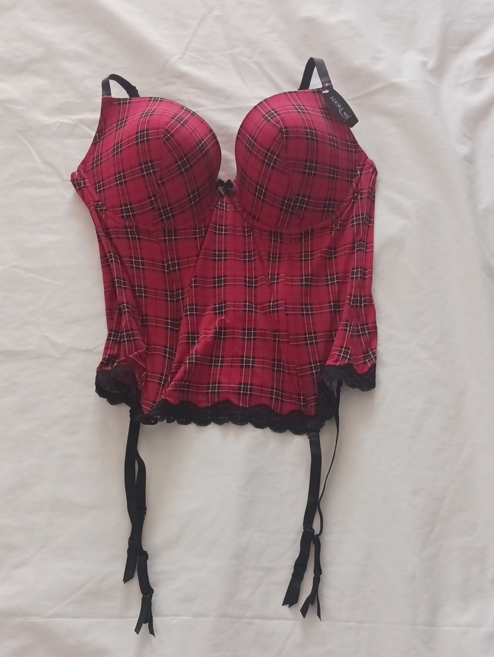 Adore Me Red Plaid Lace-Trim Bustier with Black Accents